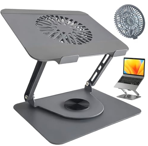 BeSokar Supporto per laptop in alluminio, girevole a 360°, pieghevole, con ventola magnetica per raffreddamento, compatibile con MacBook e dispositivi da 10 a 17,3 pollici (grigio scuro)