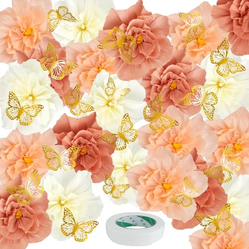 PEDOBALI 42 Pcs Tissue Paper Flowers with 3D Butterfly Large Crepe Paper Flowers Decorations for Nursery Room Baby Shower Birthday Wedding Party and Events Wall Decor(Pink White)