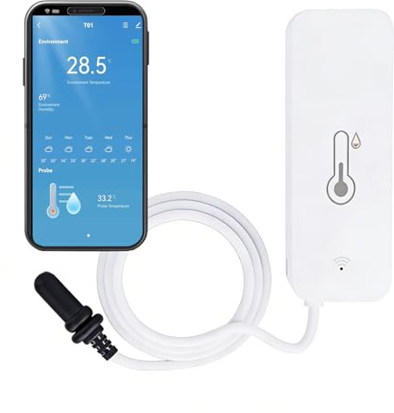 Thermomètre et hygromètre WiFi adapté pour l'intérieur et l'extérieur, avec capteur externe, compatible avec l'application Tuya Smart Life, idéal pour les piscines, les aquariums, les serres, etc.