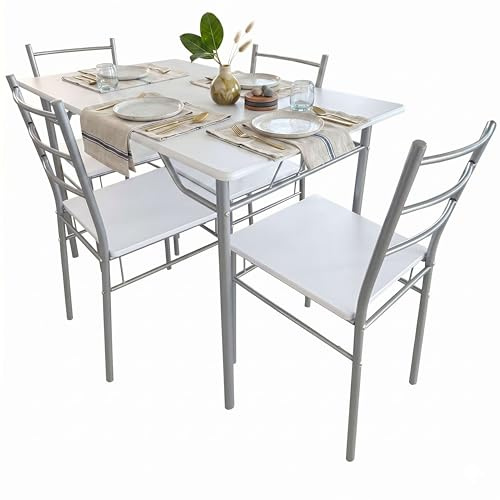 Miroytengo Juego de Mesa y 4 Sillas Cocina, Conjunto de Cocina Comedor, Melamina Color Blanco y Gris