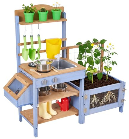 VEVOR Cucina in Legno con Piano di Cottura per Bambini, Cucine da Gioco in Legno con Fioriera, Contenitore per Animali, Vasca, Lavandino, Pentole, Pentole e Accessori, per Prato e Cortile