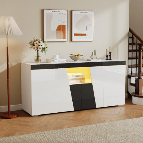 muenfly Buffet - Meuble TV - Éclairage LED brillant - 140 cm - Avec portes inclinées - Armoire de rangement moderne - Avec commande par application - Noir/blanc - 140 x 40 x 65 cm