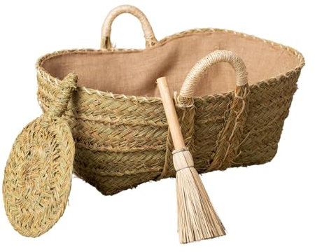 Cestería Aparici - PACK Leñero de Esparto FORRADO (55x35x20cm) con Escobilla y Aventador. Capazo Artesanal PEQUEÑO para Chimenea, Almacenaje y Decoración. (Ref. 7149-1).