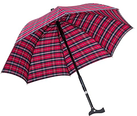 Ossenberg Stockschirm Twin mit Fritzgriff – Ø 105cm – 2 in 1 Gehstock & Regenschirm – Handstock, Gehhilfe, Gehstütze – höhenverstellbar - rot-blau Karo Design