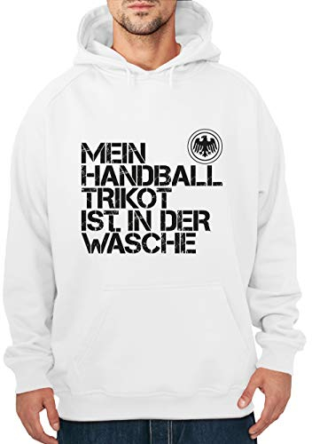 clothinx Herren Kapuzenpullover EM 2020 Mein Handball Trikot ist in der Wäsche Weiß/Schwarz Größe L