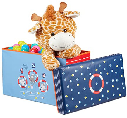 Relaxdays Pouf per Bambini, Sgabello Contenitore per Giocattoli, Pieghevole, Per Bimbi e Bimbe, Salvaspazio, Mare, Blu