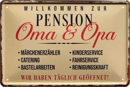 WOGEKA ART Retro Blechschild Willkommen in der Pension Oma und Opa als Geschenk-Idee 20 x 30 cm Vintage-Deko-Schild aus Metall 1682