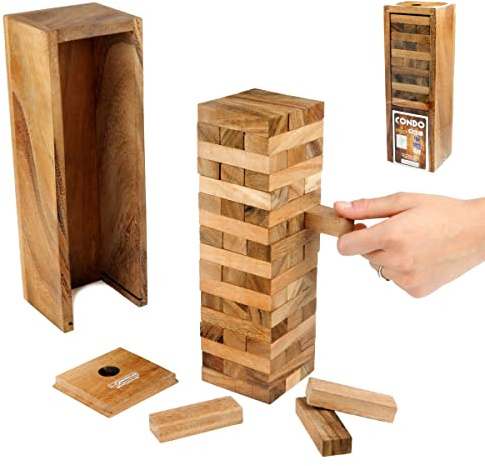 LOGICA GIOCHI Art. Condominio – Juego de mesa multijugador – Juego de madera natural de teca – Torre tambaleante (grande)