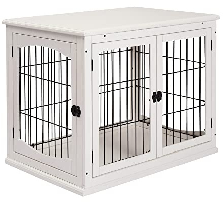 PawHut Cage pour Chien Animaux Cage en Bois MDF Classe E1 3 Portes verrouillables Max. 30 Kg dim. 81L x 58l x 66H cm Blanc Noir