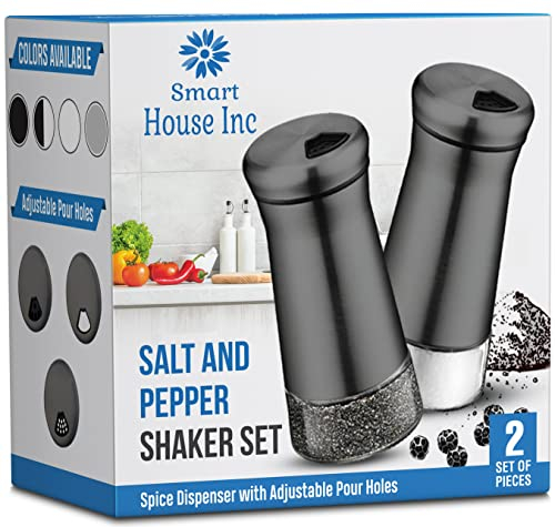 The Original Salt and Pepper Shakers set - Black -Spice Dispenser with Adjustable Pour Holes - Stainless Steel & Glass - Set of 2 Bottles