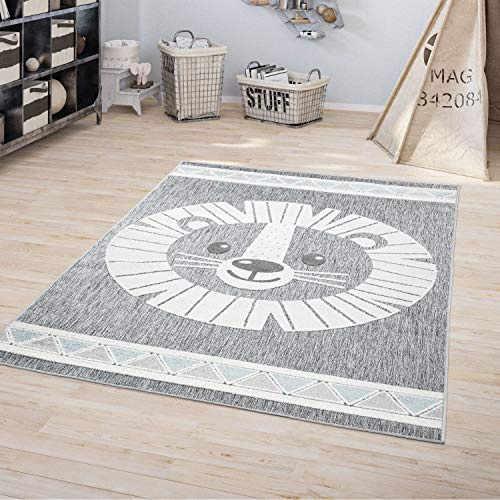 TT Home Kinderzimmer Outdoor Teppich Kinder Spielteppich 3D Optik Modern Löwe Grau, Größe:120x160 cm