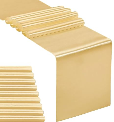 10-Pack Satin Table Runner Light Gold 12 x 108 inches Long, Table Runners for Wedding, Birthday Parties, Banquets Decorations（10 Pack, 12x108 Inch, Light Gold）