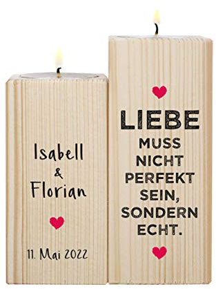 Herz & Heim® Hochzeitsgeschenk Teelichthalter mit Aufdruck im 2-er Set mit Personalisierung Echte Liebe