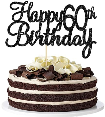 Gyufise 3 Pack Happy 60th Birthday Cake Topper Black Glitter Happy Birthday Cake Topper Happy 60 Birthday Cake Decoration for 60th Birthday Party Decorations