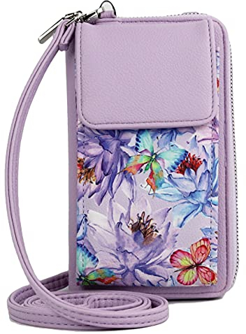 irisaa Kleine Handy Umhängetasche, Geldbörse Damen Brieftasche RFID Schutz Crossbody Handytasche Reisepass mit Kartenfächern und Verstellbarem Schultergurt, Damen Tasche:Lila Blumen