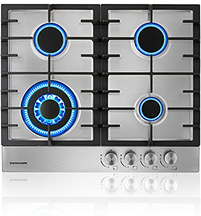 ThermoMate GHSS604 Plaque de Cuisson Gaz inox 4 feux, Table de Cuisson 60cm Encastrable Plaque Wok, Gaz Naturel/Propane, Acier Inoxydable, 8000W