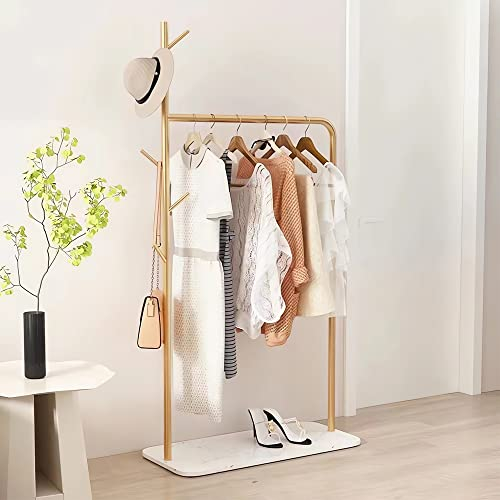 HEONITURE Goldener Kleiderständer mit Marmor-Bodenablage, robuste Kleiderständer zum Aufhängen von Kleidung, 5 Seitenhaken, Display für Kleidergarderobe für Schlafzimmer, Einzelhandelsgeschäft