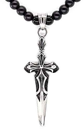 Generisch Onyx Kette Halskette Perlen Kette Schwarz Matt 6mm Perlenhalskette Schwert Kreuz Edelstahl