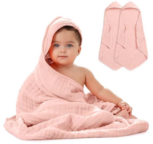 Comfy Cubs 2er-Pack Baby-Kapuzenhandtücher aus 9-lagiger Musselin-Baumwolle, groß (32 x 32 Zoll), ultraweich, warm und saugfähig. Süße Unisex-Badetücher für Mädchen und Jungen (2er-Pack, Spitzenrosa)