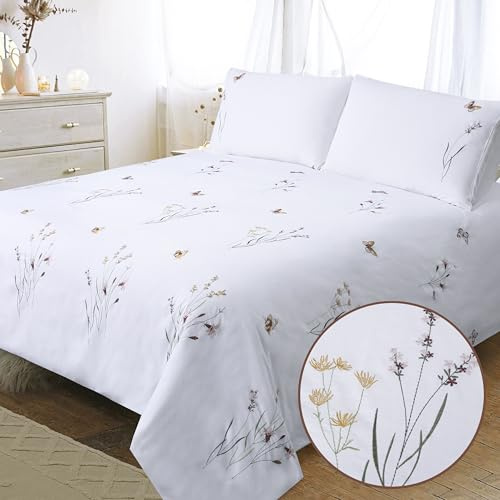 Bedding Sets King Size White Cotton Duvet Cover Sets Butterfly Floral | Embroidered Flower Quilt Cover with 2 Pillowcases Soft Breathable 3 Pieces for King Bed 230x220 cm Duvet Set