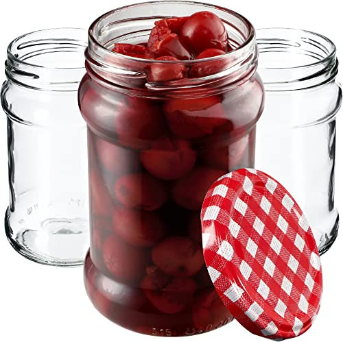 KADAX Lot de 50 bocaux en verre 315 ml, fi66 pour miel, confiture avec couvercle, bocaux hermétiques, bocaux ronds, bocaux à confiture, verres à miel (carreaux rouges)