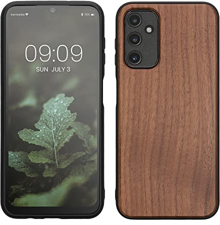 kwmobile Housse Compatible avec Samsung Galaxy A14 5G Coque - Étui de Protection Rigide en Bois avec Cadre en TPU - Brun foncé Bois