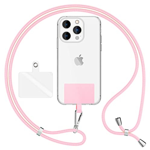 NALIA Universal Handykette für alle Smartphones - Robuste Kordel & 2 Patches - HOLDME AIR (Klassisches Lanyard mit Silbernem Karabiner) - Marke aus Berlin, Farbe:Pastell Rosa