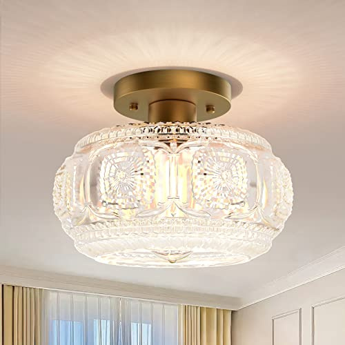 OYKYOHEI Semi Flush Mount Ceiling Light, Globe Glass Ceiling Light Fixture, Gold Modern Lighting for Hallway Porch Corridor Kitchen Bedroom, Bulb Not Included