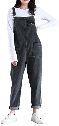 Jamron Donna Taglie Forti Salopette in Denim Stretch Lungo Overall Tuta Intera Jumpsuit Pantaloni Jeans con Pettorina (XS-5XL)