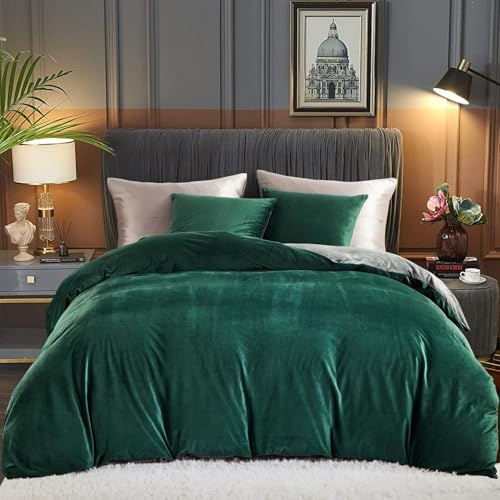 Tospass Housse de Couette Flanelle 140x200 Adulte Hiver Vert Foncé Parure de Lit en Velours Chaud Ultra Doux avec Fermeture Éclair Linge de Lit 1 Personne avec 1 Taies d'oreiller 65x65 cm