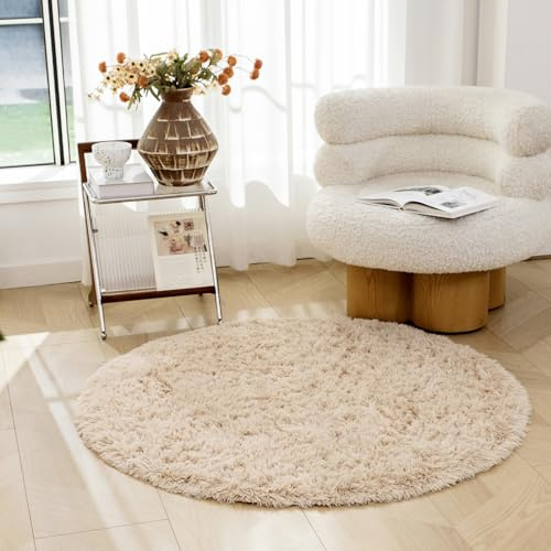 OMERAI Grand tapis de salon – Tapis de chambre à coucher super doux, lavable, antidérapant, fausse fourrure (beige, 120 cm, rond)