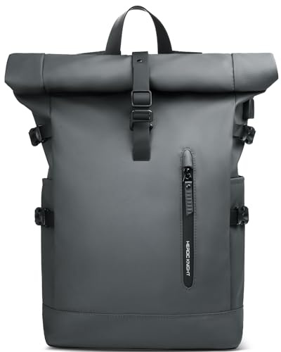 hk Sac à dos roll-top pour ordinateur portable 15,6 pouces – Grand sac avec port USB, résistant à l’eau et antivol, idéal pour voyage, randonnée, camping, études & travail – Gris