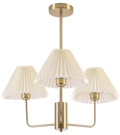 KCO Lámpara de araña plisada de 3 luces de tela blanca, lámpara colgante de mediados de siglo, moderna lámpara de araña dorada Sputnik vintage clásica para comedor dormitorio