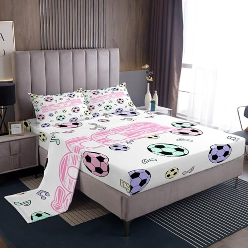 Feelyou Kids Soccer Sheet Set Queen Size Music Pattern Bed Sheets for Boys Girls Teens Bedroom Decor Sports Theme Bed Set Women Men Colorful Style Sheets,1 Fitted Sheet+2 Pillow Sham+1 Flat Sheet