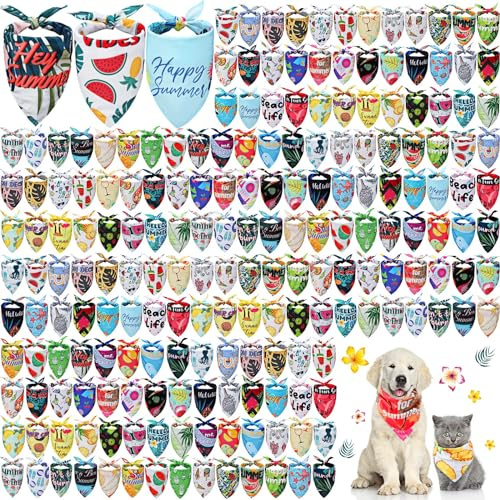 Kacctyen 200 Pcs Dog Bandanas for Summer Bulk Hawaiian Pet Scarf Bibs Adjustable Washable Kerchief Seasonal Pet Costume Accessories Grooming Supplies for Small to Large Cats Dogs