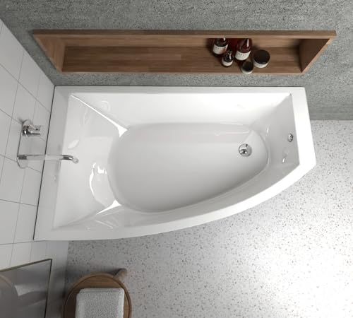 ECOLAM Baignoire d'angle Hela 150x90 cm | version gauche | Vidange automatique Alcaplast | pieds et silicone | Baignoire acrylique sanitaire blanc