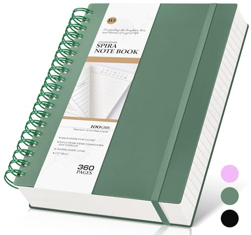 Spiral Notebook Journal, 360 Pages College Ruled Notebooks, Lined Thick Journals for Women Men,B5 Big Spiral Notebooks with 100GSM Paper, Spiral Bound Journal for Writing Work School Green 7.6×10