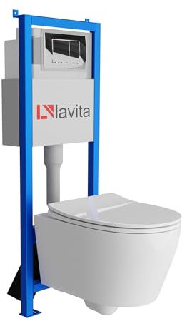Lavita LAV 101 Vorwandelement für WC 40cm + Wand Hänge Tiefspül WC PRAIA Weiß Spülrandlos + Bedienplatte LAV 200.1.2 Verchromt | Komplettset | Unterputz Spülkasten | Toilette Komplett Sett