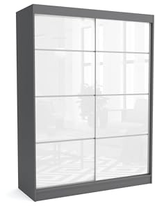 Brent - Kleiderschrank mit Schiebetüren July, 160cm Breit, Schlafzimmerschrank mit 1 Kleiderstange und Einlegeböden für Kleidung, Kleiderschrank Grau Matt/Weiß Hochglanz