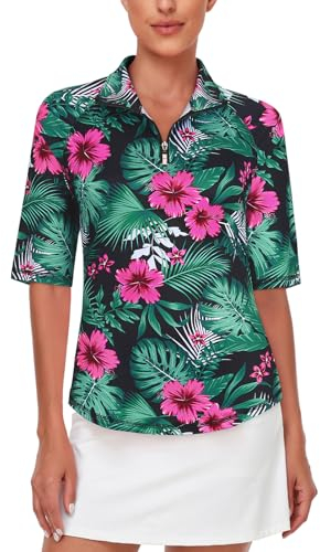 Misyula Style Misyula Damen-Golfshirt, schnelltrocknend, halbe Ärmel, Viertelreißverschluss, Poloshirt, Workout-Top, Tennis-Shirt, M-XXL, Schwarz-blumig, XX-Large
