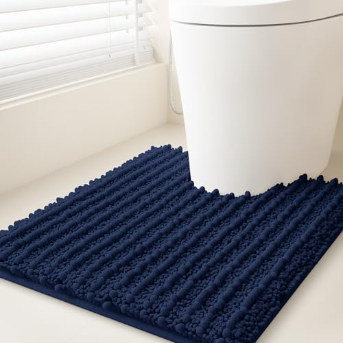 ACCUMTEK Upgrade Luxury Navy Blue Toilet Bathroom Rug Mat 24 x 20 Contour Rug, Ultra Soft Thick Absorbent Bath Mats, Non Slip Chenille Toilet Mat for Bathroom, Bedroom, Kitchen, Shower, Tub