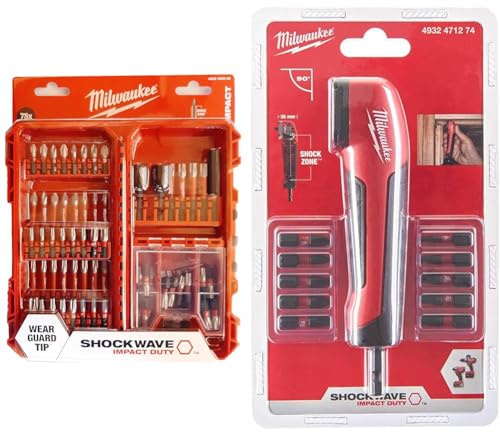 Milwaukee SHOCKWAVE - 75-teiliges - schlagfestes Bit Set Impact Duty 4932492008 Bitsatz & 4932471274 Shockwave Impact Duty Winkelaufsatz 11-teilig, Rot, 25 mm, Stück