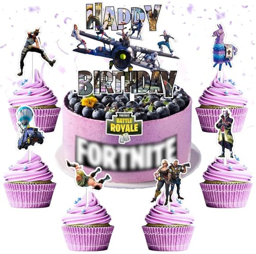 Ctxtqtdt Fortnit Tortendeko Nicht Essbare Kinder, Fortnit Kuchen Deko | Cake Topper aus Papier Jungen Mädchen, Happy Birthday Topper, Geburtstag Party Supplies