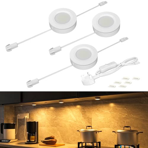 WOBANE Under Cabinet Kitchen Lights,Linkable LED Puck Lights with UK Plug & Switch,Super Bright Cupboard Lighting for Kitchen,Counter,Shelf,Closet,Desk,Warm White 3000K,750lm,Round,Pack of 3