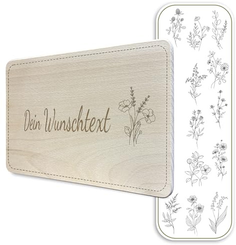 Frühstücksbrettchen personalisiert, Buche massiv - Hochwertiges Vesperbrett mit Gravur als individuelles Geschenk (Floral)