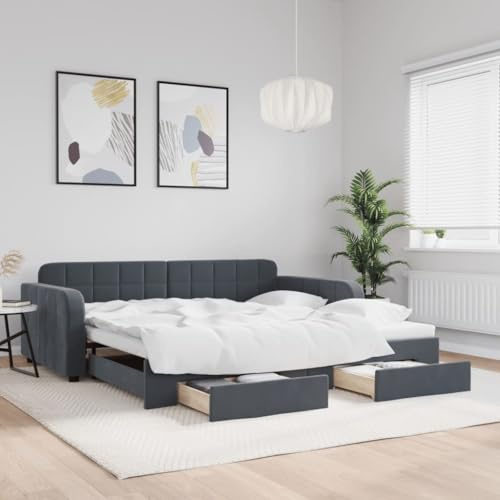 Gecheer Utdragbar Bäddsoffa Mörkgrå 100 x 200 cm i Sammet - 2-sits Försvinnande Dubbelsängssoffor med Lådor, Sängstomme, Utdragbar Sovsal, P3196985