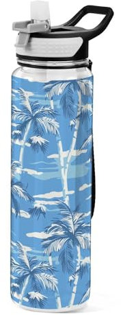 Mnsruu Bouteille d'eau bleue de 1 l avec paille, anti-fuite, sans BPA, motif palmiers hawaïens, pour hommes, femmes, enfants