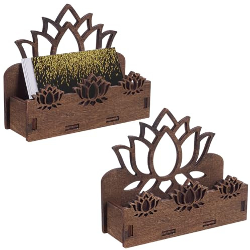 INFUNLY Visitenkartenhalter aus Holz, Lotusblüte, 5,1 x 2,4 x 1,6 cm, dekorative Kartenhalter für Schreibtisch, offener Postkarten-Organizer, Holzständer für Büro, Schreibtisch, Zuhause