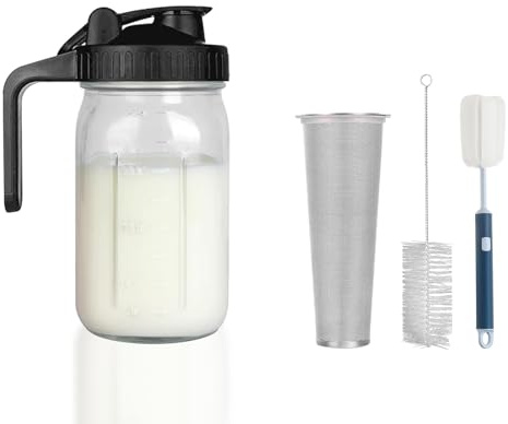 Cold Brew Coffee Maker Pitcher - Thick Glass Mason Jar | With Stainless Filter,Leakproof Flip Lid, Ergonomic Handle for Iced Coffee, Tea, Lemonade, Homemade Drinks (Black - 32oz)