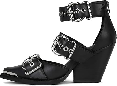 MAVMAX Buckle Shoes for Women Thick Closed Pointed Toe Heels Chunky High Heel Pumps Strappy Heels Western Sandals for Women Wedge-Black